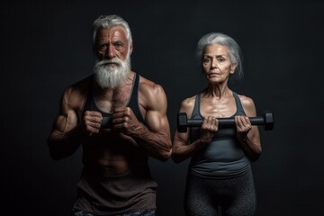 Fototapeta na wymiar Senior healthy lifestyle concept with fitness couple, man and woman working out at gym. Running and lifting weights