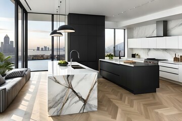 Modern kitchen interior. Front view of a modern designer kitchen with smooth handleless cabinets with black edges, black glass appliances, a marble island and marble countertops.