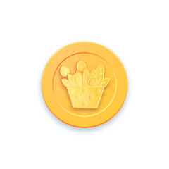 Golden game coin. Coin icon, gold medal. Coin with a basket of flowers. Graphic user interface design element game coin. Money symbol game elements. Bank payment symbol. Purchases in the game