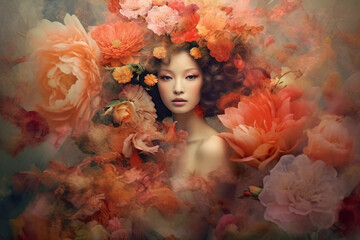 generative ai geisha with flowers - obrazy, fototapety, plakaty