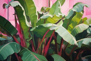 Green Banana Leaves in Vibrant Pink, A Folk and Orientalist Style Painting with Glossy Finish, Generative AI