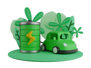 3d illustration. Electric car near the charging station. There is a green leaf behind it. clean energy concept safe for the world