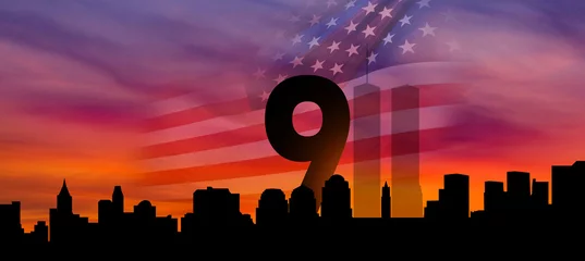 Fotobehang Warm oranje Patriot Day. Background with New York City Silhouette. September 11. 3d Illustration.