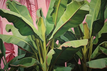 Green Banana Leaves in Vibrant Pink, A Folk and Orientalist Style Painting with Glossy Finish, Generative AI