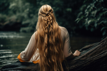Fototapeta na wymiar girl with long beautiful hair on the river bank generative ai
