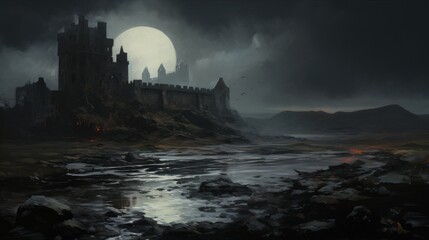 Imaginary medieval Scottish castle on a rocky cliff near the cold north Atlantic ocean at midnight hour, misty sea breeze and dark eerie moonlit cloud cover - generative AI - obrazy, fototapety, plakaty