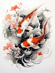 Two Koi Fish Swimming in Japanese Style Black and White