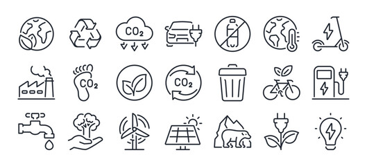 Carbon footprint, CO2 neutral, net zero, sustainable development editable stroke outline icons set isolated on white background flat vector illustration. Pixel perfect. 64 x 64. - obrazy, fototapety, plakaty