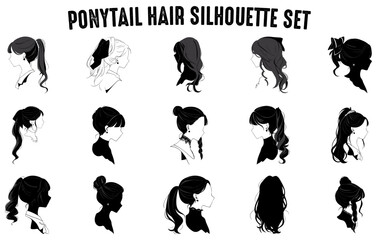 Ponytail Hair Silhouette Vector art set, Pony tail hairstyle Silhouettes, Ponytail black silhouette Clipart collection