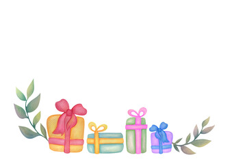 Template with copy space for horizontal greeting cards, invitations. Watercolor hand drawn frame, border with air Balloons, colorful Gift boxes for happy birthday party card. surprise for baby birth