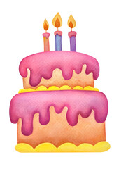 festive Pink cake with candles for a girl's birthday. congratulations on 3 years old. Clipart illustration on a transparent background for a children's menu in a cafe with delicious desserts