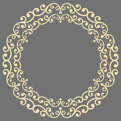 Oriental vector round gray and yellow ornament with arabesques and floral elements. Traditional classic ornament. Vintage pattern with arabesques