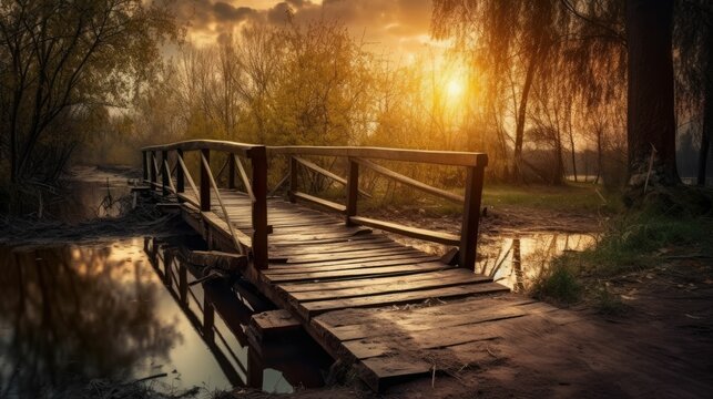 A wooden bridge over a body of water