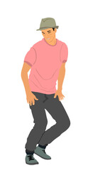 Modern style party dancer urban boy vector illustration isolated on white background. Happy man dancing performer. Handsome elegant boy with hat party animator. Summer beach music vibe. Chill out.