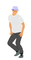 Modern style party dancer urban boy vector illustration isolated on white background. Happy man dancing performer. Handsome elegant boy with hat party animator. Summer beach music vibe. Chill out.