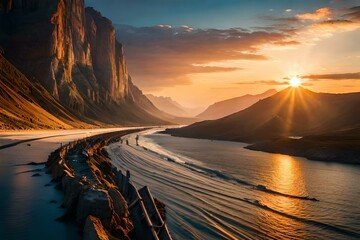sunrise over the mountains and river