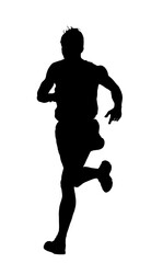 Fototapeta na wymiar Sprinter runner vector silhouette illustration isolated on white background. Marathon racer running silhouette. Sport man activity shape. Athlete boy in explosive start of race. Muscular male focus.