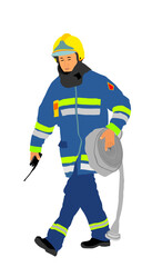 Fireman with fire hose vector illustration isolated on white background. Fireman in protect gear and helmet on duty. Man firefighter after intervention carries equipment. Fire control education.