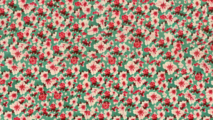 Fototapeta na wymiar a wallpaper pattern of spring cherry blossoms red and green 