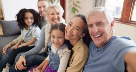 Selfie, family and generations, happy and love, grandparents with parents and children at home. Care, support and smile in picture, women and men with girl kids in portrait, interracial and memory - Powered by Adobe