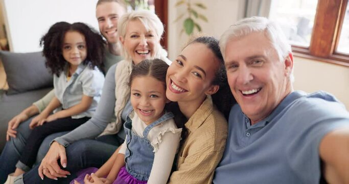 Selfie, family and generations, happy and love, grandparents with parents and children at home. Care, support and smile in picture, women and men with girl kids in portrait, interracial and memory