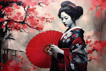 geisha in Japan with cherry tree and umbrella - obrazy, fototapety, plakaty
