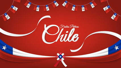 Chile National Holiday or Patriotic Day Celebration Greeting with Ribbons, Flags, and Spanish Phrase Text Fiestas Patrias Chile