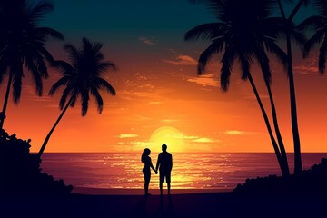 Romantic couple silhouette on the beach at sunset watching horizon illustration. Generative AI