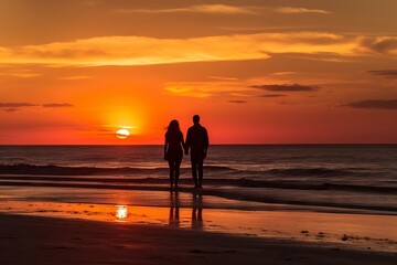 Fototapeta na wymiar Romantic couple silhouette on the beach at surise watching horizon. Generative AI 1