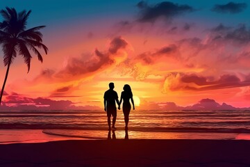 Romantic couple silhouette on the beach at sunset watching horizon. Generative AI