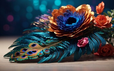 Beautiful peacock feather with Flower. Generative AI.
