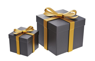 3d illustration. two black gift box with gold ribbon isolated on white background - 623446144