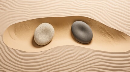 Fototapeta na wymiar Three stones in the sand on a wooden background. Zen concept.