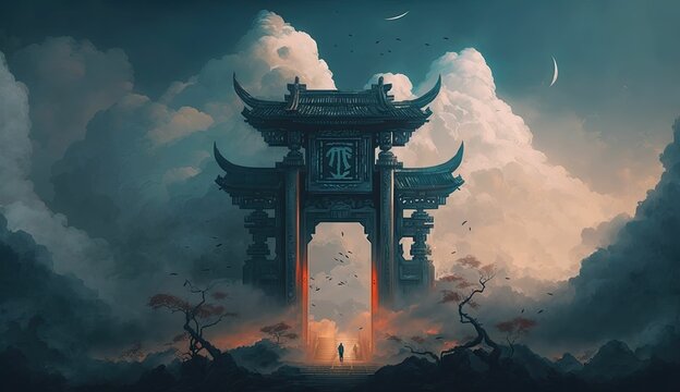 gigantic red hell gate, ancient Chinese mythology the gate to spirit world or way path to demon town