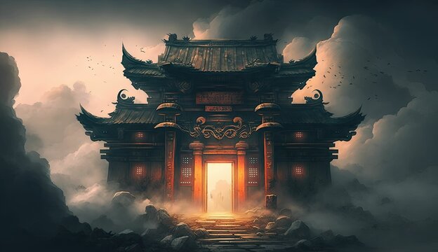  illustration of Fantasy background with mysterious ancient Chinese temple in mountains. Digital artwork. Chinese style
