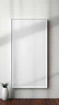 Video mockup, picture frame blank template, poster print wooden frame mock up, artwork painting photo presentation, vertical, living room, minimalist aesthetic