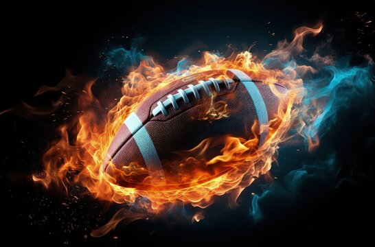 American football ball on fire, black background, sports concept. Generative AI
