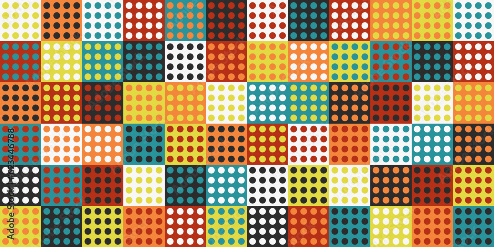 Poster Pattern of dotted squares, colored tiles with a grid of dots. For print and decoration, textiles, wallpapers, surfaces.