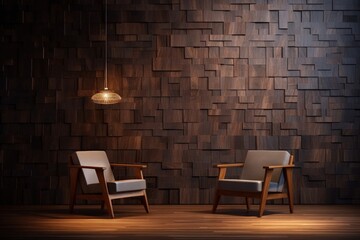 Bench and wall with wooden details, architecture concept. Generative AI