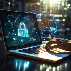 Secure Network Connection: AI-generated Laptop with Padlock Icon