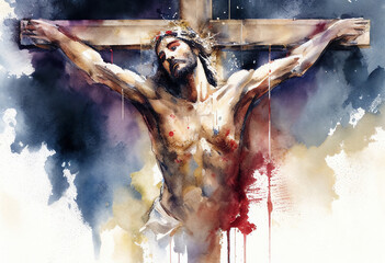 Watercolour painting of the Crucifixion of Jesus Christ on the crucifix cross before ascending to Heaven to be with God celebrated as Easter Good Friday, Generative AI stock illustration image - obrazy, fototapety, plakaty