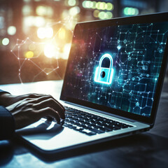 Cybersecurity Technology: AI-generated Laptop with Padlock Screen