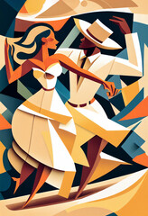 Latin American Hispanic male and female couple dancing the ballroom Calypso dance shown in an abstract cubist style painting for a poster or flyer, computer Generative AI stock illustration image - obrazy, fototapety, plakaty