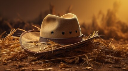 Cowboy hat on dry straw, farm in the background. Generative AI