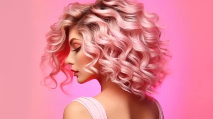 Foto auf Acrylglas Schönheitssalon trendy women's hair styling blonde large curls. girl in profile with professional hair styling, back view. Pink shades