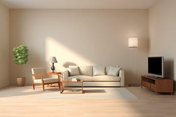 Modern living room with sofa, light gray tones, architecture concept. Generative AI