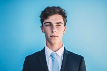 Headshot portrait photography of a tender boy in his 20s wearing a sleek suit against a sky-blue background. With generative AI technology