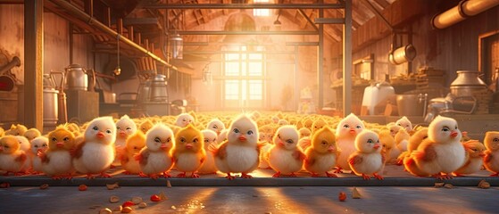 3D little cute chicken , autumn background