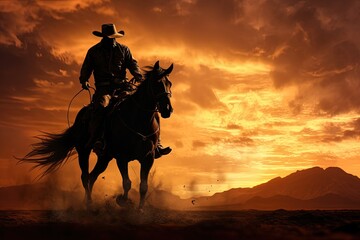 Fototapeta na wymiar Cowboy silhouette on horse, landscape with sunset in background. Generative AI