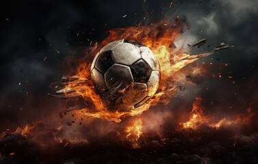 Soccer ball on fire, sports concept, black background. Generative AI